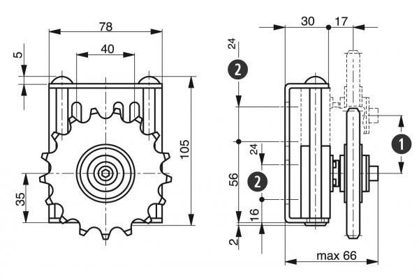 Spann-Boy® TS con rueda de cadena - Tensores de cadena para cadenas de rodillos - Murtfeldt GmbH Kunststoffe - Technische Zeichnung 1