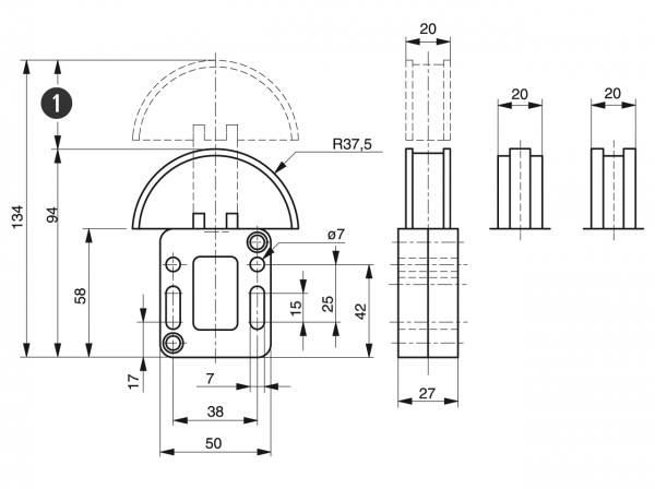 Spann-Box® tamaño 0 con perfil semicircular - Tensores de cadena para cadenas de rodillos - Murtfeldt GmbH Kunststoffe - Technische Zeichnung 1