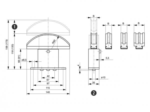 Spann-Box® tamaño 1 con perfil de arco - Tensores de cadena para cadenas de rodillos - Murtfeldt GmbH Kunststoffe - Technische Zeichnung 2