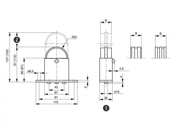 Spann-Box® tamaño 1 con perfil semicircular - Tensores de cadena para cadenas de rodillos - Murtfeldt GmbH Kunststoffe - Technische Zeichnung 1
