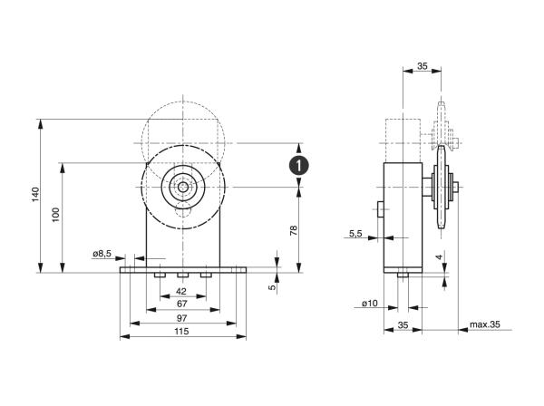 Spann-Box® tamaño 1 con rueda de cadena tipo-K-L - Tensores de cadena para cadenas de rodillos - Murtfeldt GmbH Kunststoffe - Technische Zeichnung 1
