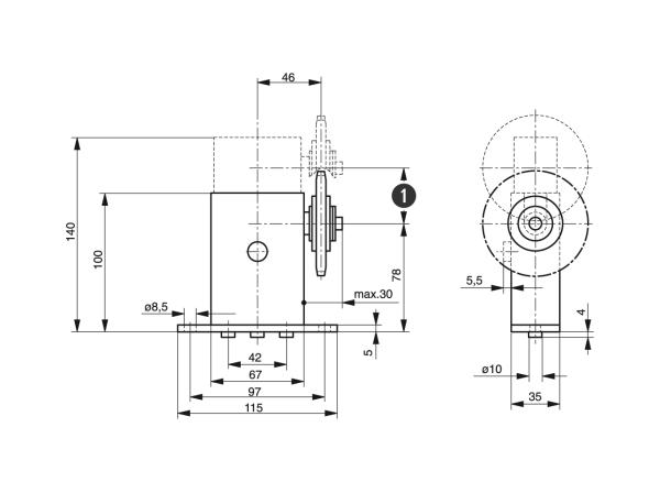 Spann-Box® tamaño 1 con rueda de cadena tipo-K-S - Tensores de cadena para cadenas de rodillos - Murtfeldt GmbH Kunststoffe - Technische Zeichnung 1